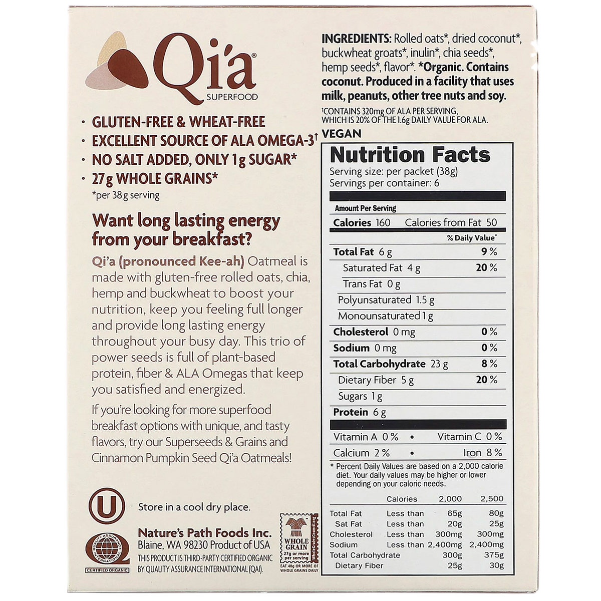 Qi'a Creamy Coconut Gluten Free Oatmeal FACTORY DIRECT NUTRITION